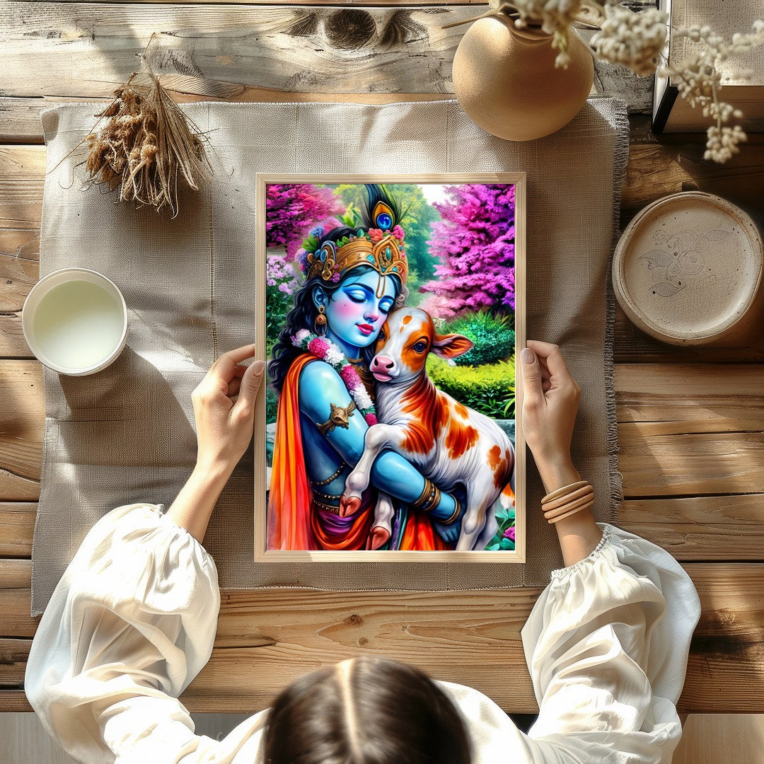 Experience the serene beauty of this vibrant artwork featuring Lord Krishna tenderly embracing a for Kitchen