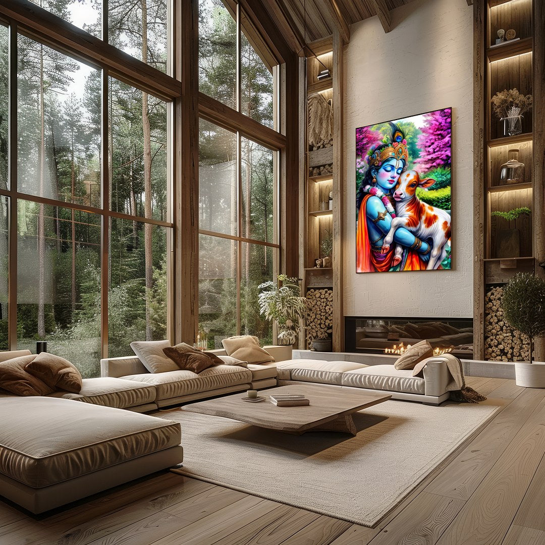 Experience the serene beauty of this vibrant artwork featuring Lord Krishna tenderly embracing a for Living Room