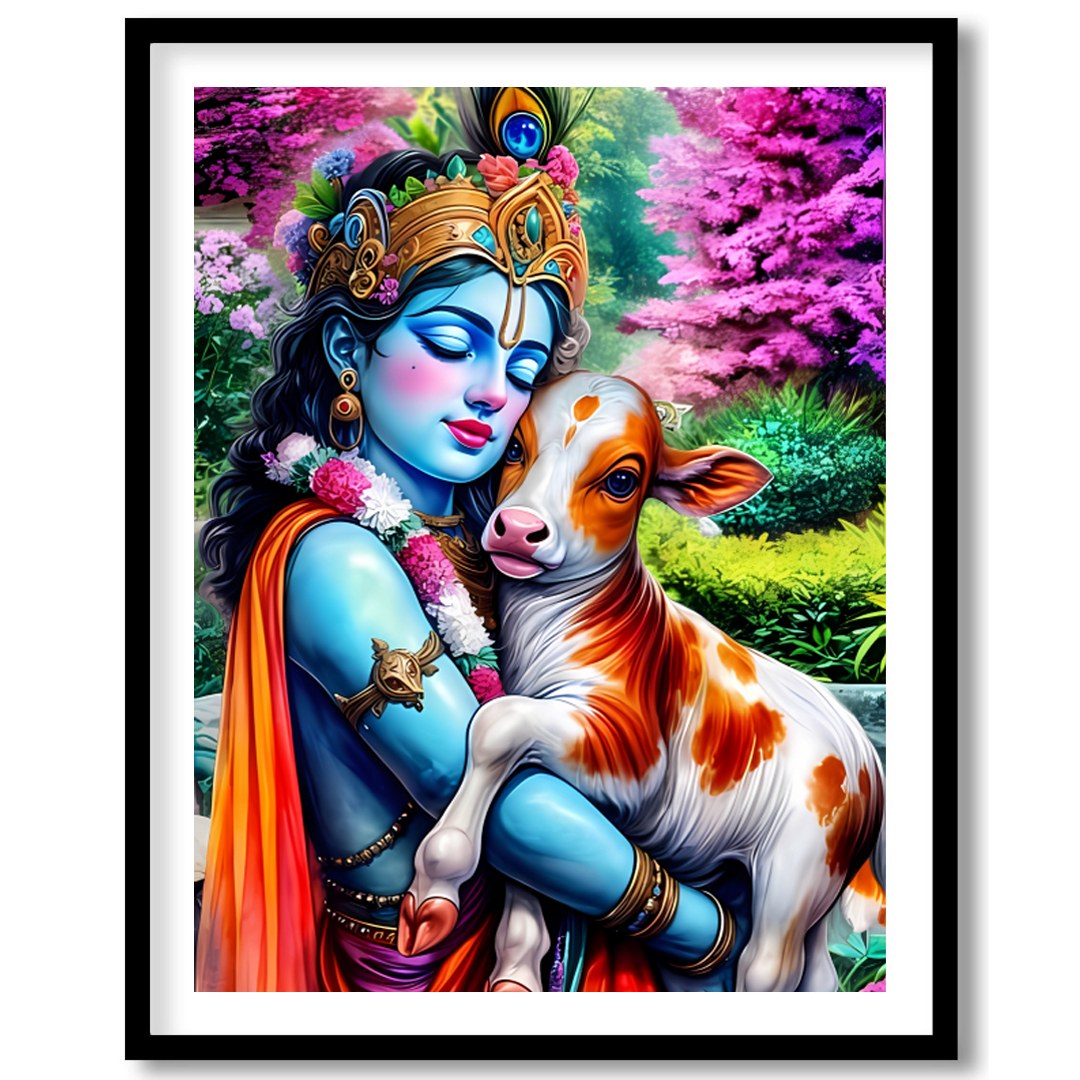 Experience the serene beauty of this vibrant artwork featuring Lord Krishna tenderly embracing a for living-space
