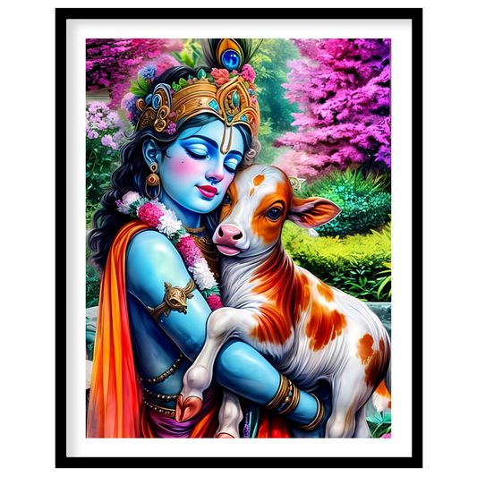 Experience the serene beauty of this vibrant artwork featuring Lord Krishna tenderly embracing a for living-space