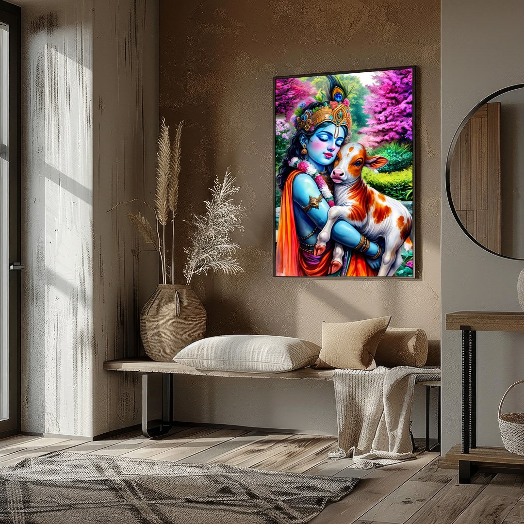 Experience the serene beauty of this vibrant artwork featuring Lord Krishna tenderly embracing a for nook