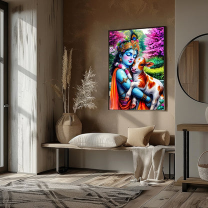Experience the serene beauty of this vibrant artwork featuring Lord Krishna tenderly embracing a for nook