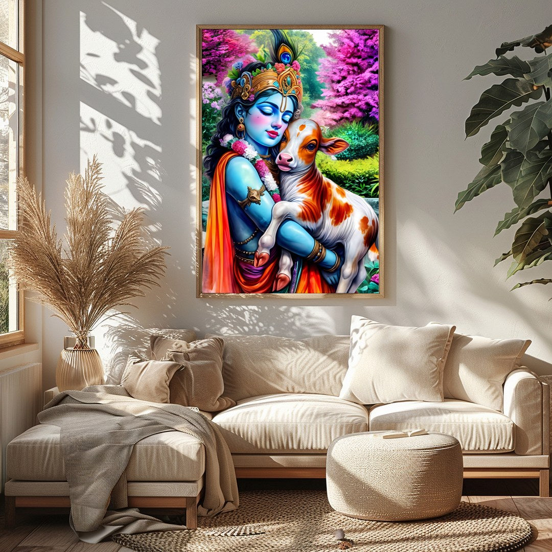 Experience the serene beauty of this vibrant artwork featuring Lord Krishna tenderly embracing a for Sitting Area