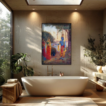 Immerse yourself in this captivating artwork depicting a serene riverside scene with divine for Bathroom