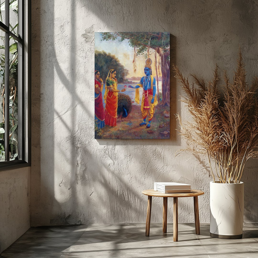 Immerse yourself in this captivating artwork depicting a serene riverside scene with divine for Entrance