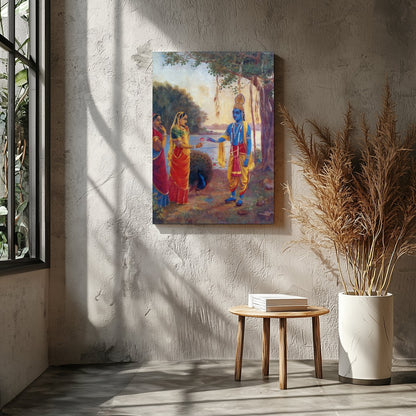 Immerse yourself in this captivating artwork depicting a serene riverside scene with divine for Entrance