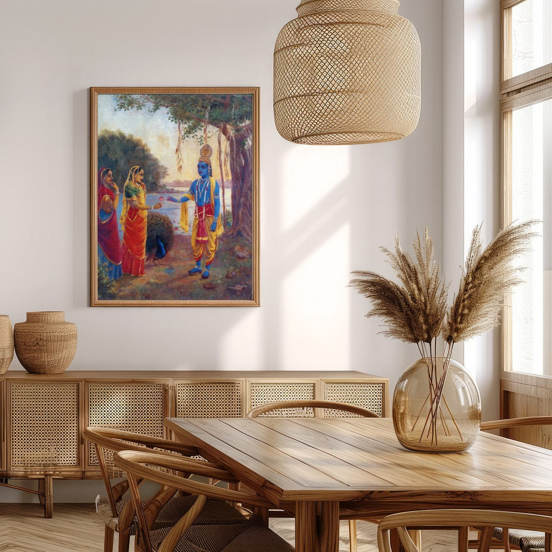Immerse yourself in this captivating artwork depicting a serene riverside scene with divine for Extra Kitchen