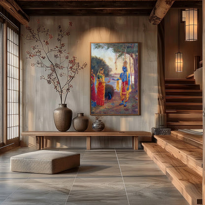 Immerse yourself in this captivating artwork depicting a serene riverside scene with divine for Hall