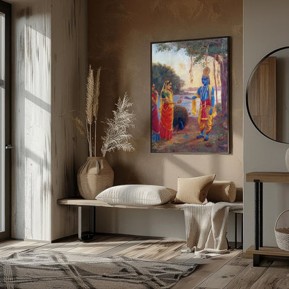 Immerse yourself in this captivating artwork depicting a serene riverside scene with divine for home