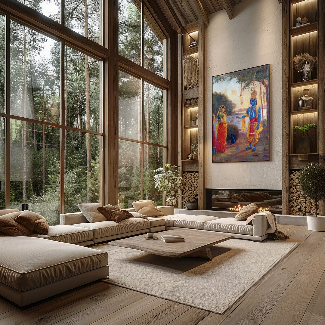 Immerse yourself in this captivating artwork depicting a serene riverside scene with divine for Living Room