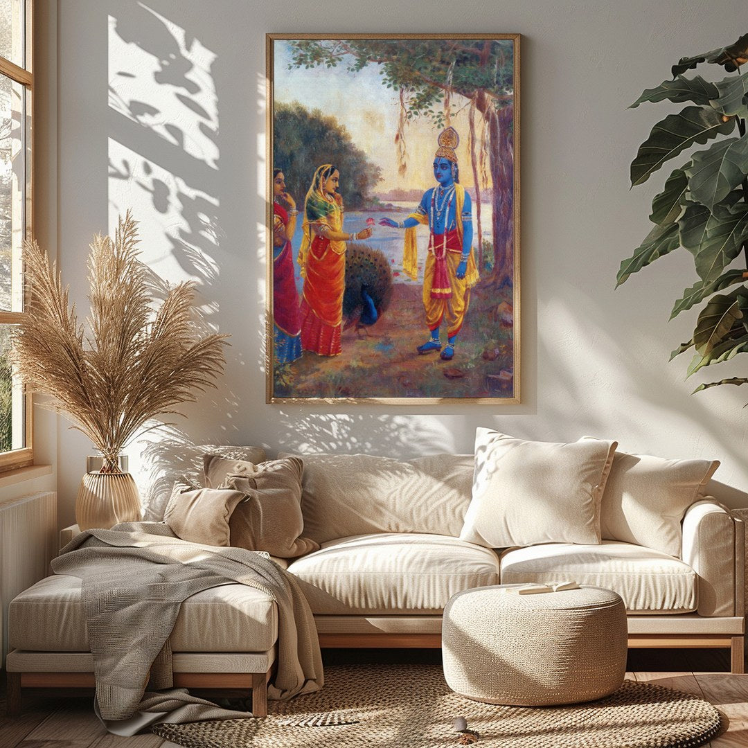 Immerse yourself in this captivating artwork depicting a serene riverside scene with divine for Sitting Area