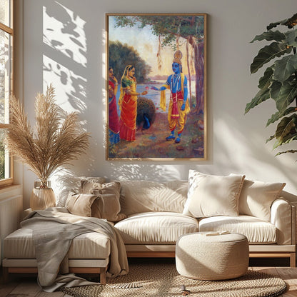 Immerse yourself in this captivating artwork depicting a serene riverside scene with divine for Sitting Area