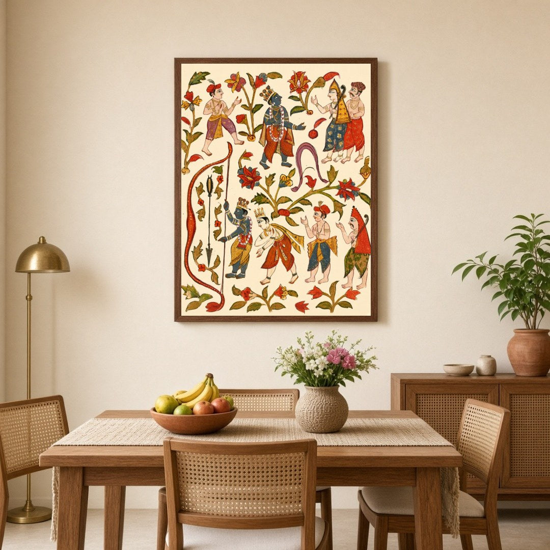 This captivating wall art vividly depicts Krishna, the revered deity, showcasing his prowess in for Dining