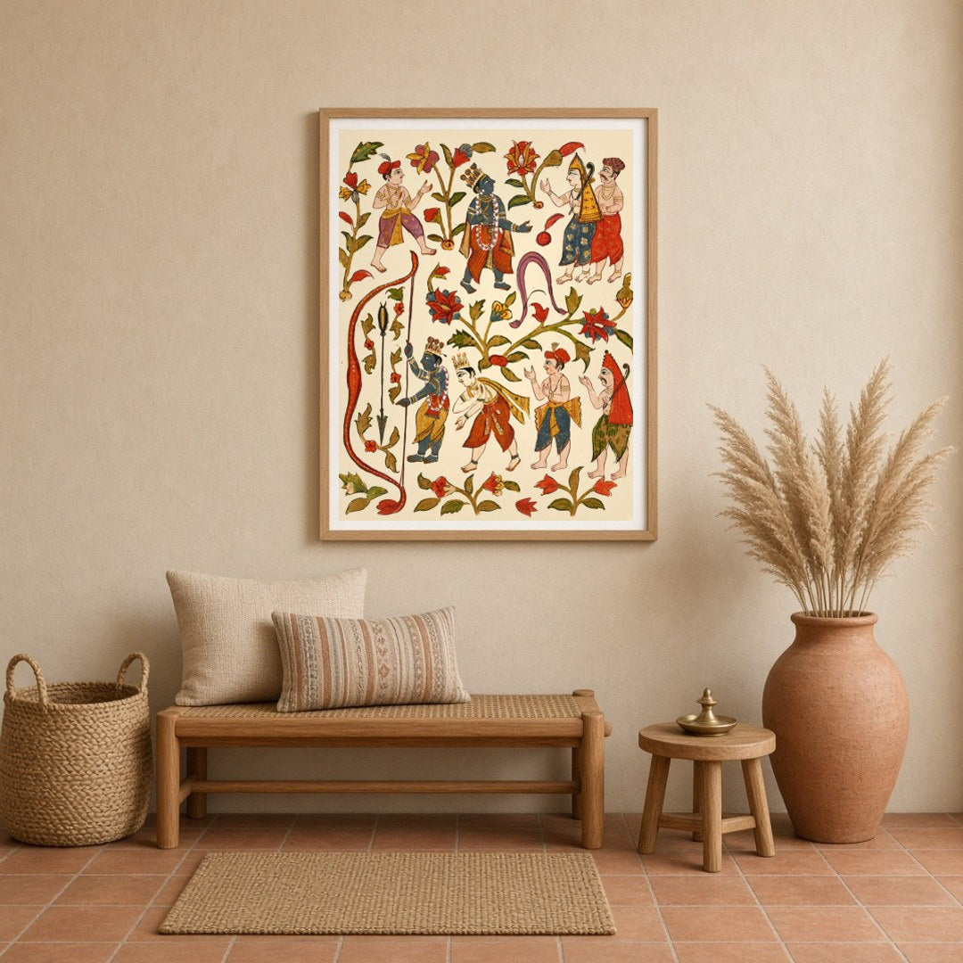 This captivating wall art vividly depicts Krishna, the revered deity, showcasing his prowess in for Entrance