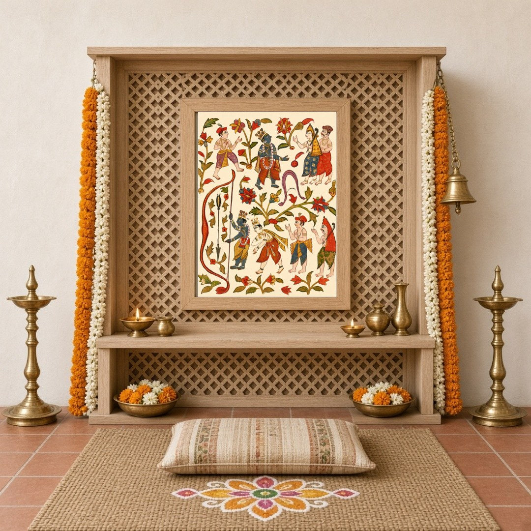 This captivating wall art vividly depicts Krishna, the revered deity, showcasing his prowess in for Home Temple