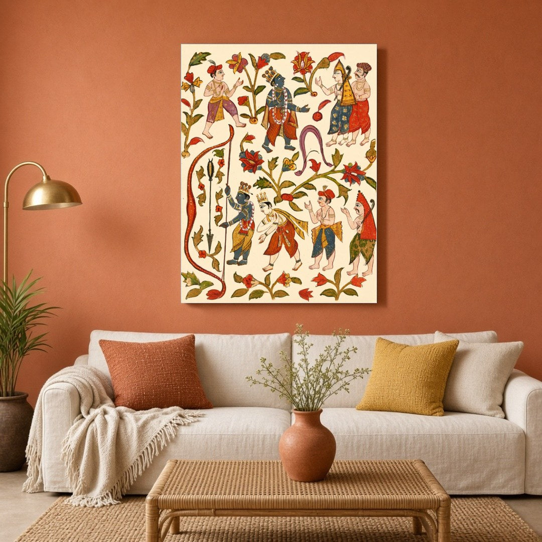 This captivating wall art vividly depicts Krishna, the revered deity, showcasing his prowess in for Living Room