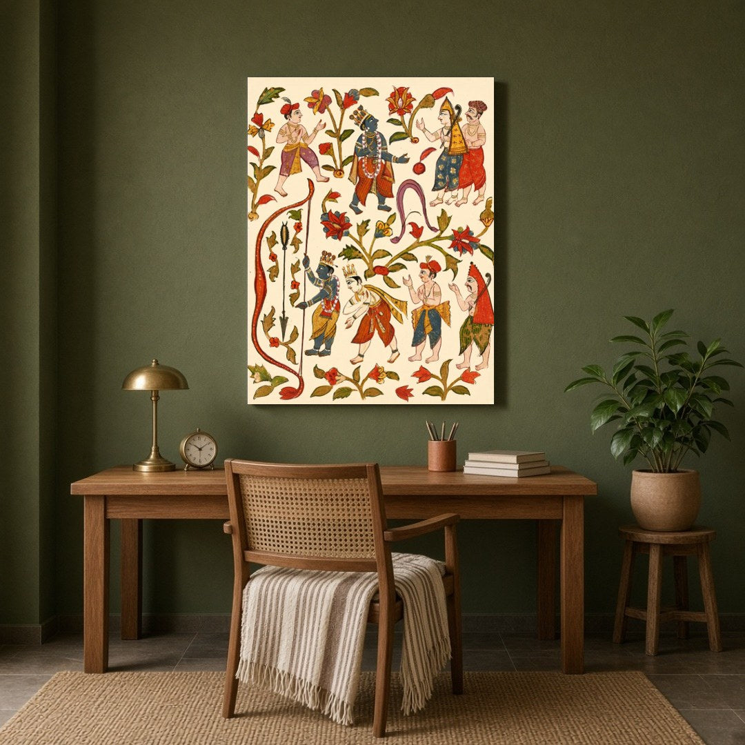This captivating wall art vividly depicts Krishna, the revered deity, showcasing his prowess in for Study