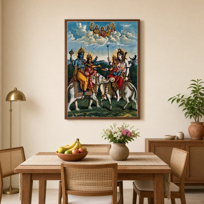 Experience a celestial gathering with this exquisite artwork depicting Lord Vishnu alongside for Dining