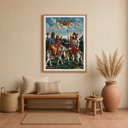 Experience a celestial gathering with this exquisite artwork depicting Lord Vishnu alongside for Entrance
