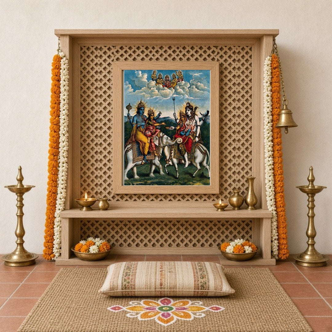 Experience a celestial gathering with this exquisite artwork depicting Lord Vishnu alongside for Home Temple