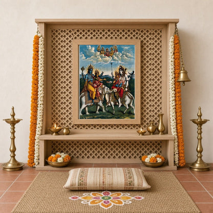 Experience a celestial gathering with this exquisite artwork depicting Lord Vishnu alongside for Home Temple