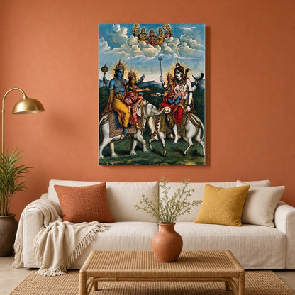 Experience a celestial gathering with this exquisite artwork depicting Lord Vishnu alongside for Living Room