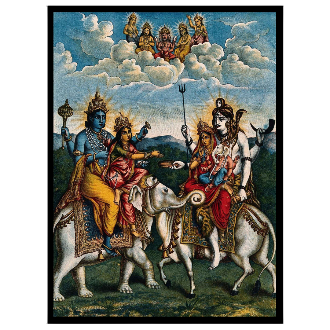 Experience a celestial gathering with this exquisite artwork depicting Lord Vishnu alongside for sanctuary