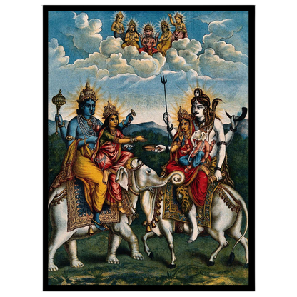 Experience a celestial gathering with this exquisite artwork depicting Lord Vishnu alongside for sanctuary