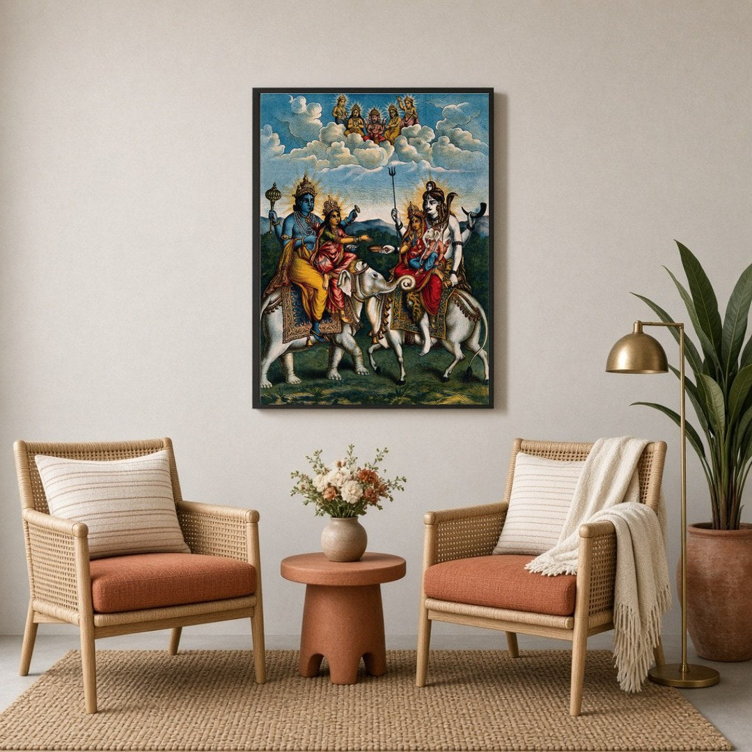 Experience a celestial gathering with this exquisite artwork depicting Lord Vishnu alongside for Sitting Lounge