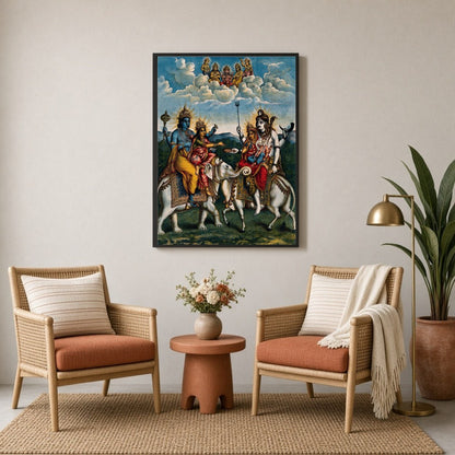 Experience a celestial gathering with this exquisite artwork depicting Lord Vishnu alongside for Sitting Lounge
