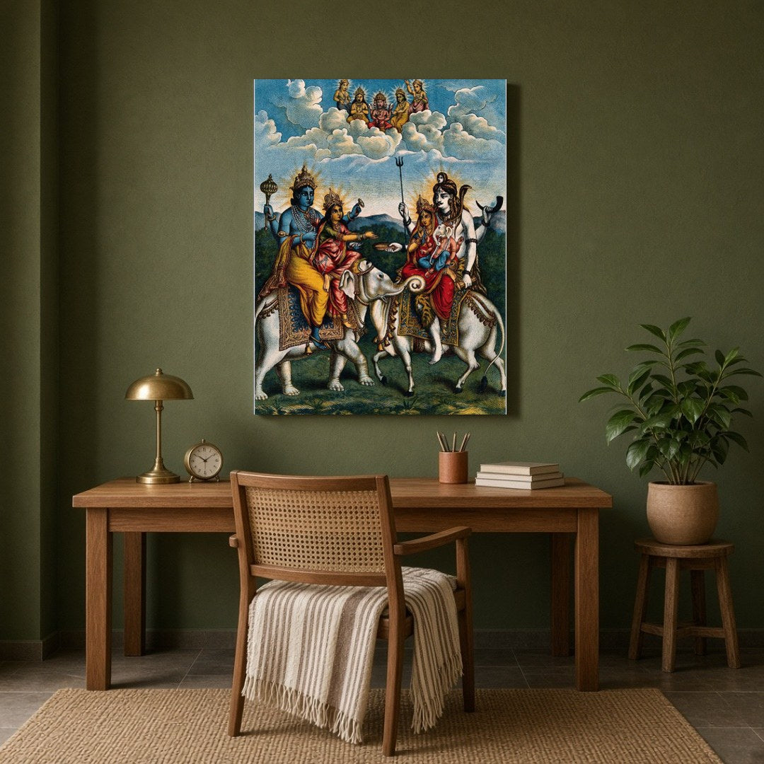Experience a celestial gathering with this exquisite artwork depicting Lord Vishnu alongside for Study