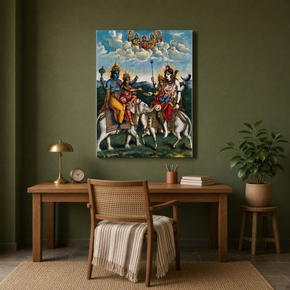 Experience a celestial gathering with this exquisite artwork depicting Lord Vishnu alongside for Study