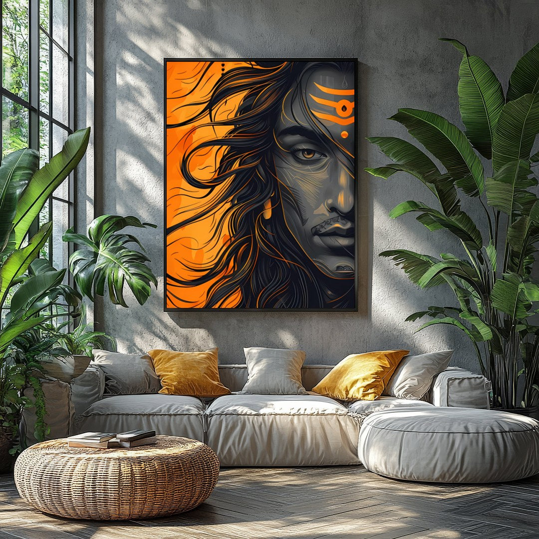 Embrace the dynamic energy of this contemporary Shiva portrait, capturing the god's powerful aura for Balcony