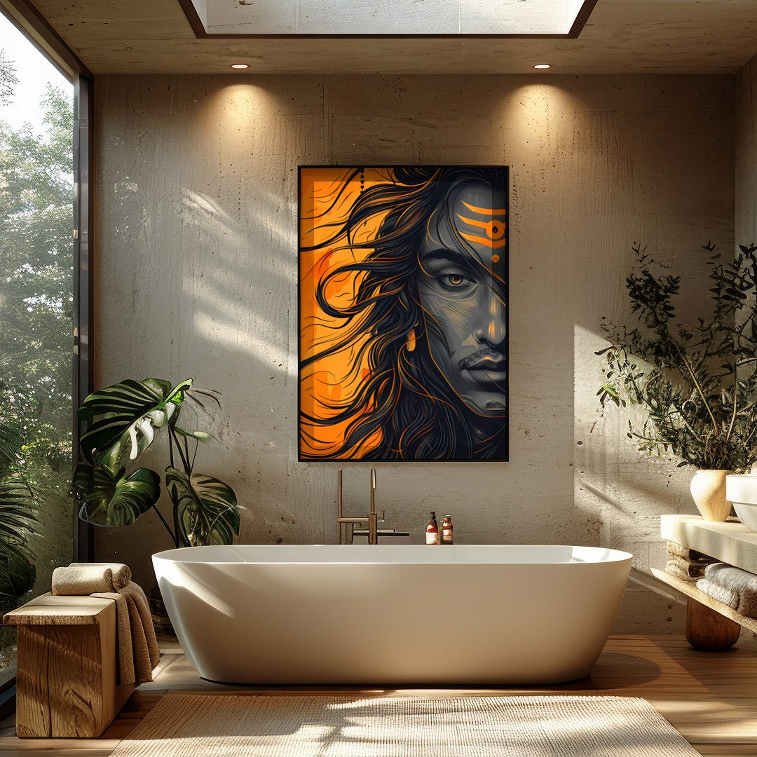 Embrace the dynamic energy of this contemporary Shiva portrait, capturing the god's powerful aura for Bathroom