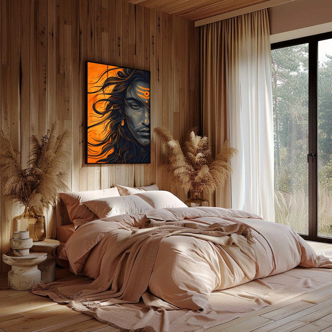 Embrace the dynamic energy of this contemporary Shiva portrait, capturing the god's powerful aura for Bedroom