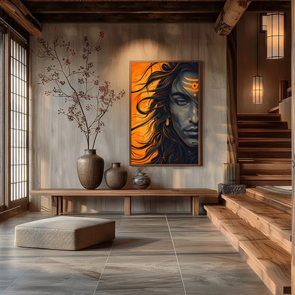 Embrace the dynamic energy of this contemporary Shiva portrait, capturing the god's powerful aura for Hall