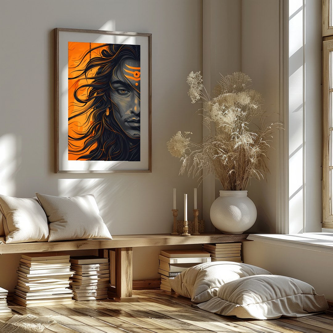 Embrace the dynamic energy of this contemporary Shiva portrait, capturing the god's powerful aura for hallway