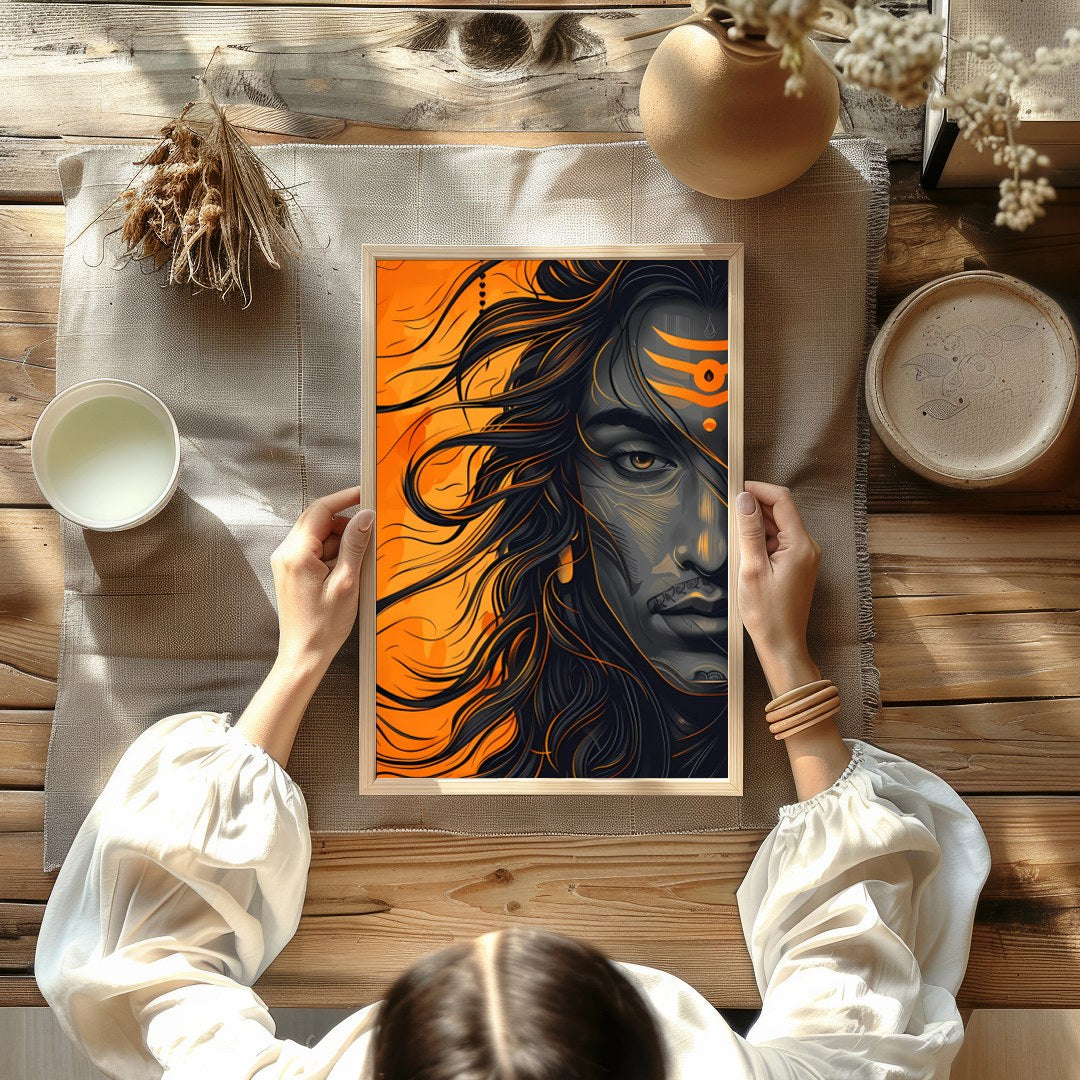 Embrace the dynamic energy of this contemporary Shiva portrait, capturing the god's powerful aura for Kitchen