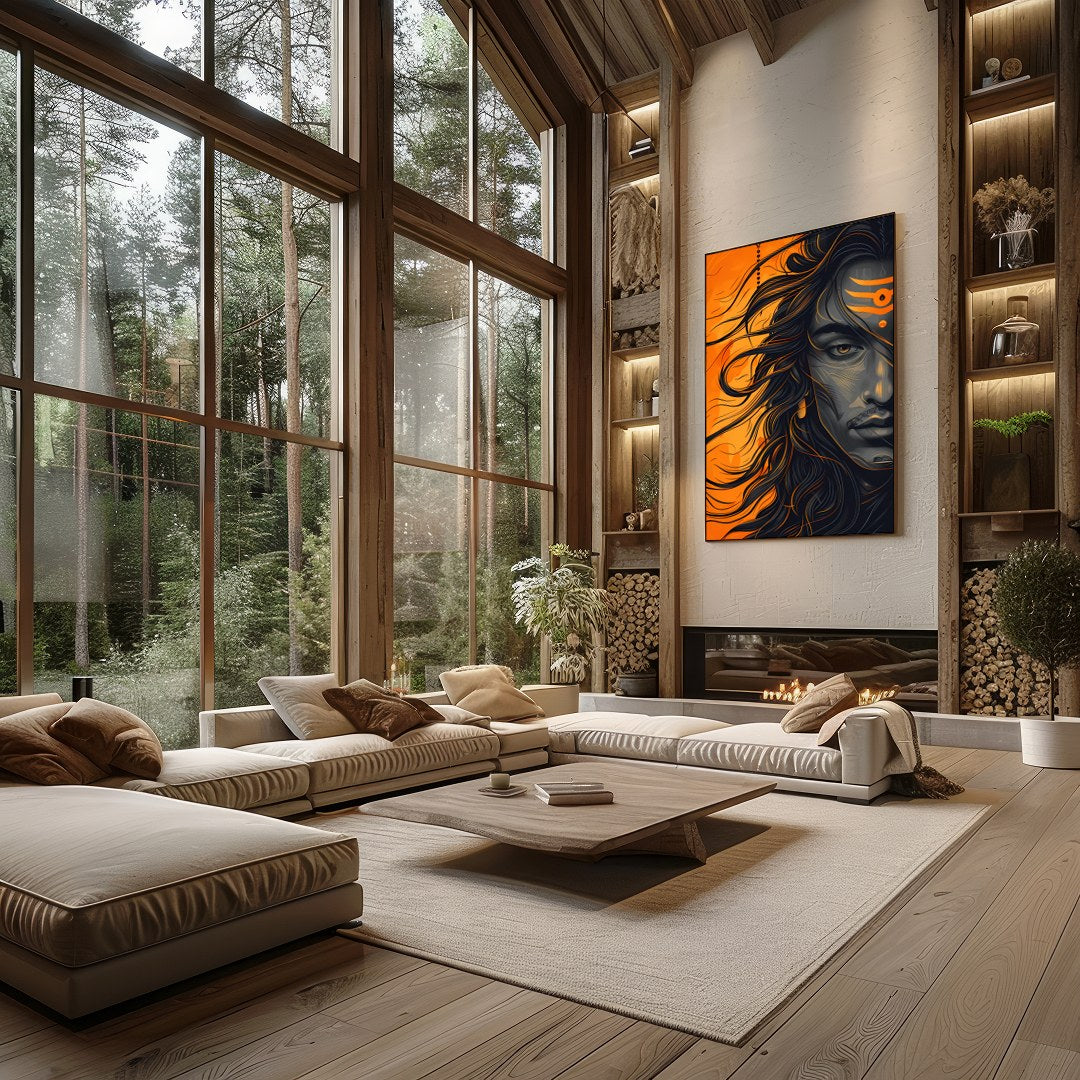 Embrace the dynamic energy of this contemporary Shiva portrait, capturing the god's powerful aura for Living Room