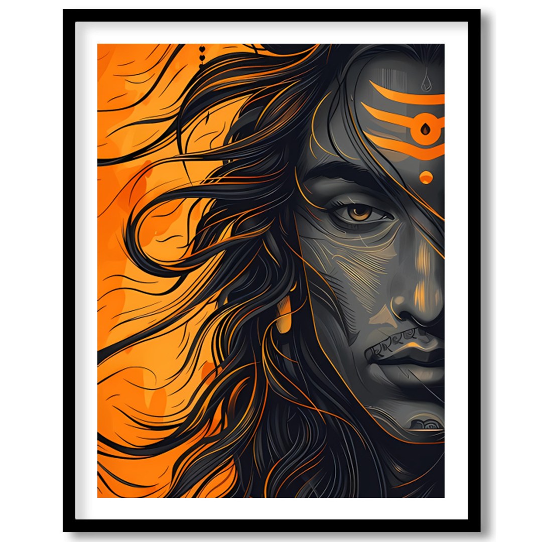 Embrace the dynamic energy of this contemporary Shiva portrait, capturing the god's powerful aura for living-space