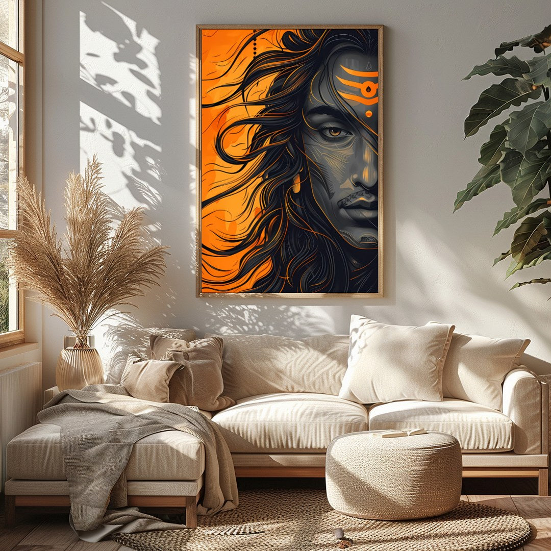 Embrace the dynamic energy of this contemporary Shiva portrait, capturing the god's powerful aura for Sitting Area