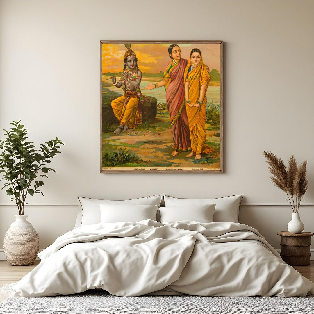 Experience the serene beauty of divinity with this exquisite artwork depicting Radha and Krishna by for Bedroom