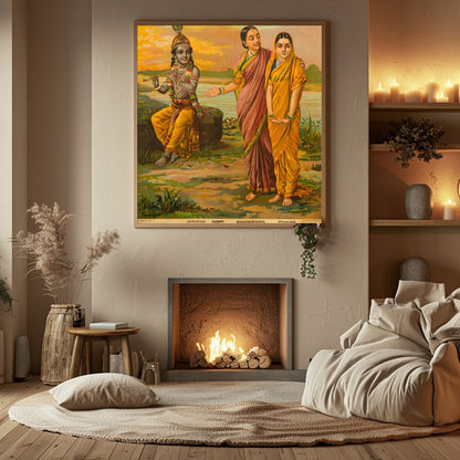 Experience the serene beauty of divinity with this exquisite artwork depicting Radha and Krishna by for Hall