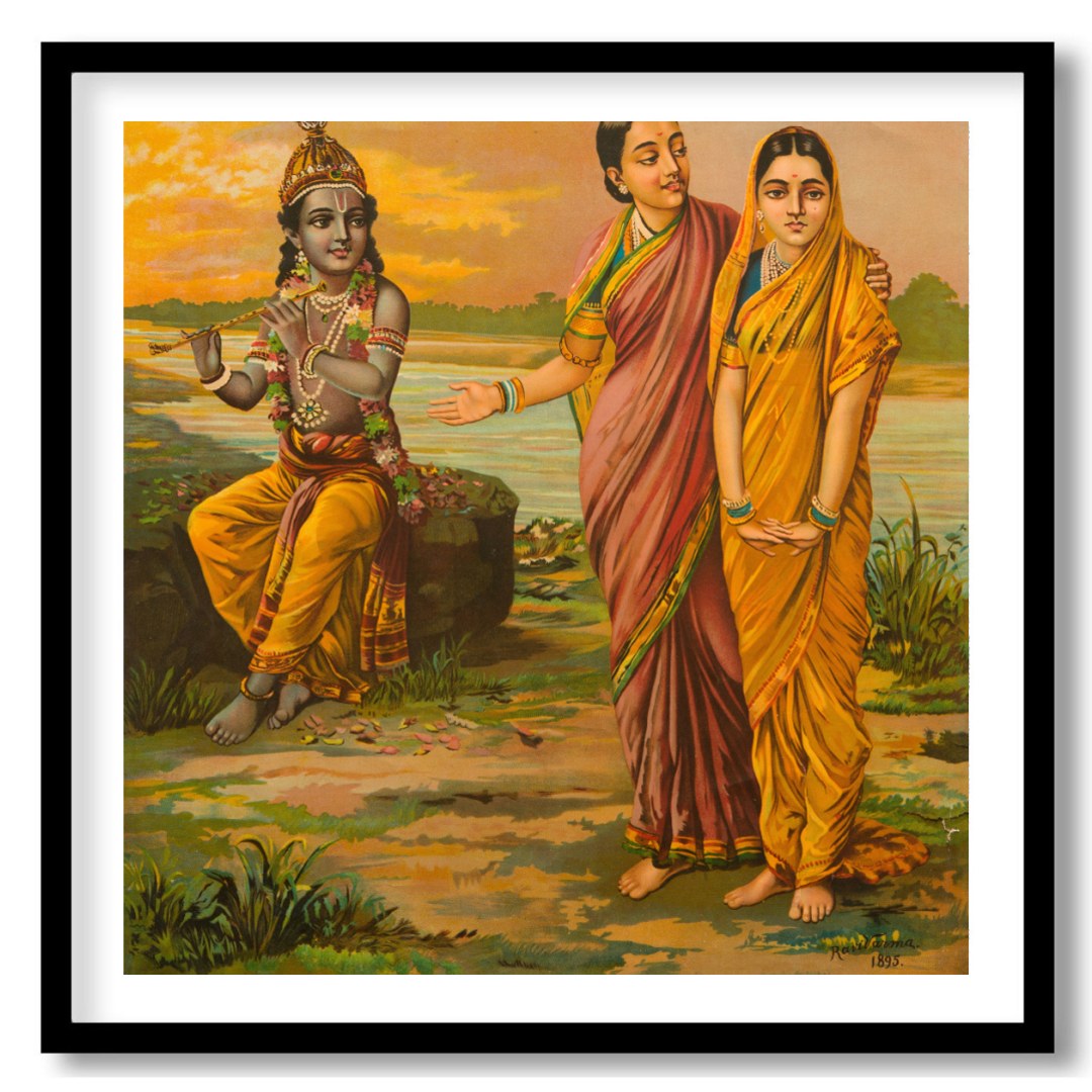Experience the serene beauty of divinity with this exquisite artwork depicting Radha and Krishna by for living-space