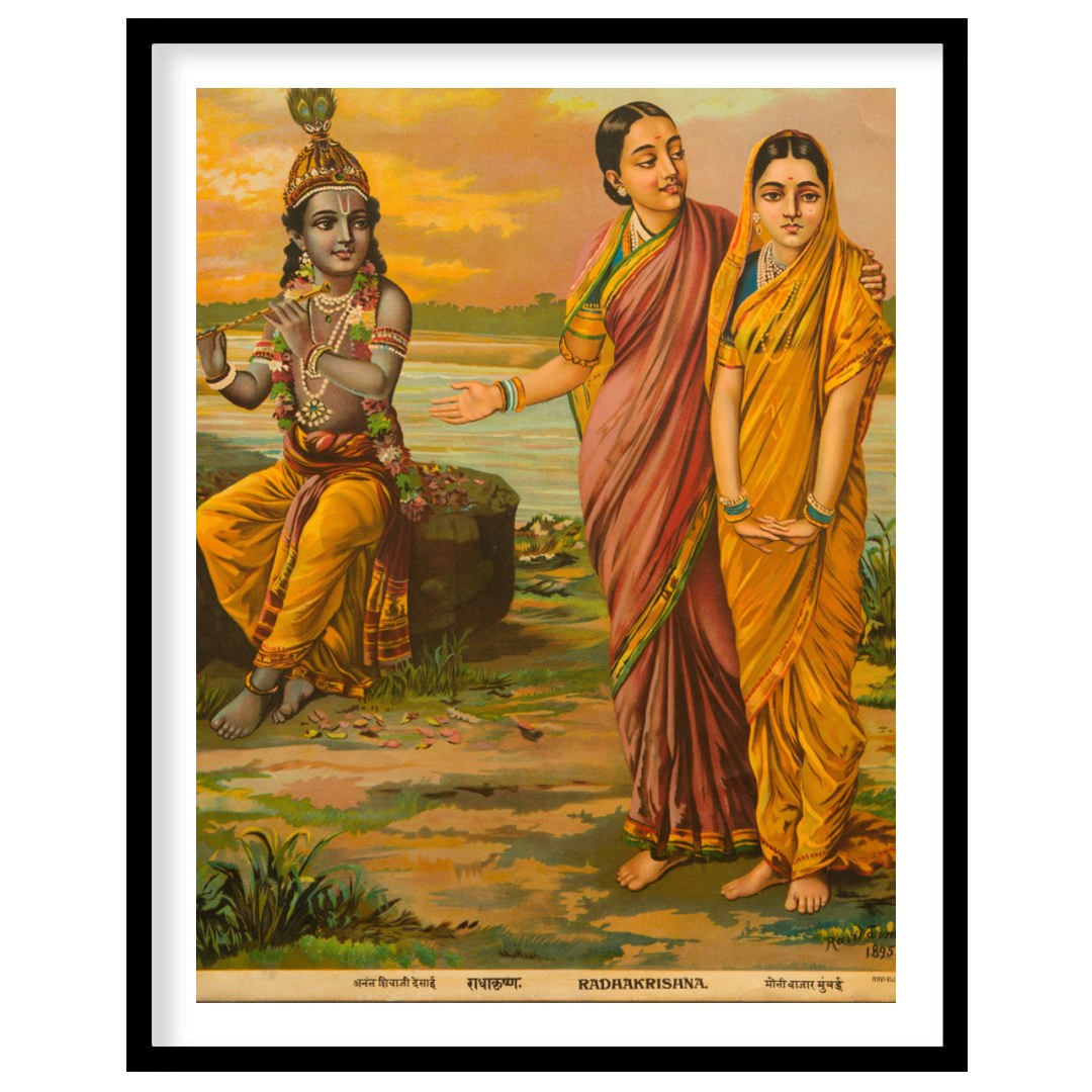 Experience the serene beauty of divinity with this exquisite artwork depicting Radha and Krishna by for living-space