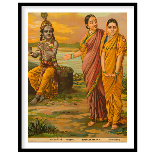 Experience the serene beauty of divinity with this exquisite artwork depicting Radha and Krishna by for living-space