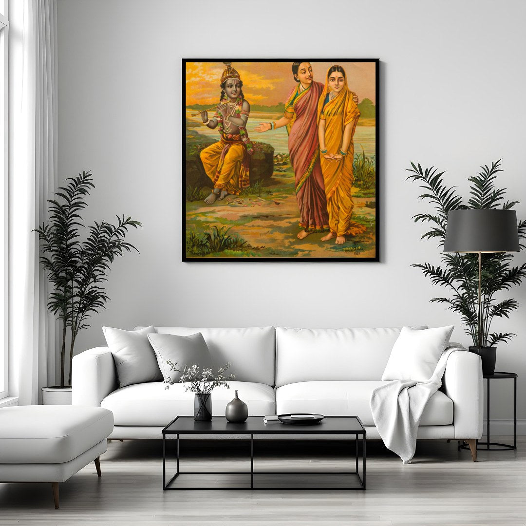 Experience the serene beauty of divinity with this exquisite artwork depicting Radha and Krishna by for Sitting Area