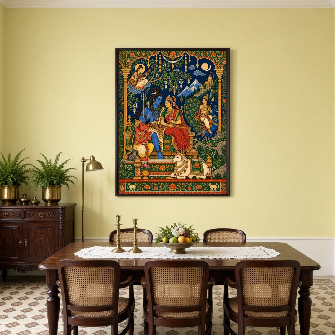 This exquisite artwork captures the divine assembly of Lord Shiva, Goddess Parvati, and Lord for Dining