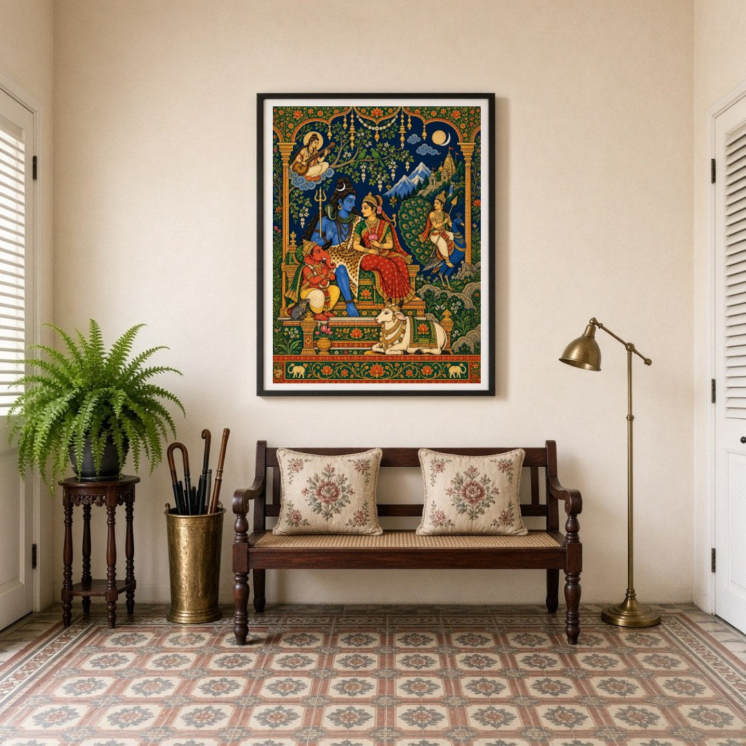 This exquisite artwork captures the divine assembly of Lord Shiva, Goddess Parvati, and Lord for Entrance