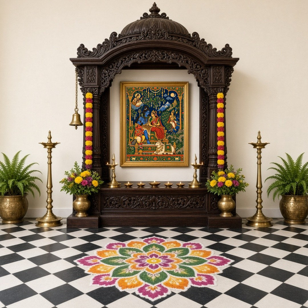 This exquisite artwork captures the divine assembly of Lord Shiva, Goddess Parvati, and Lord for Home Temple